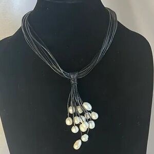 Pearl Tassel Necklace Leather Choker Style White Freshwater